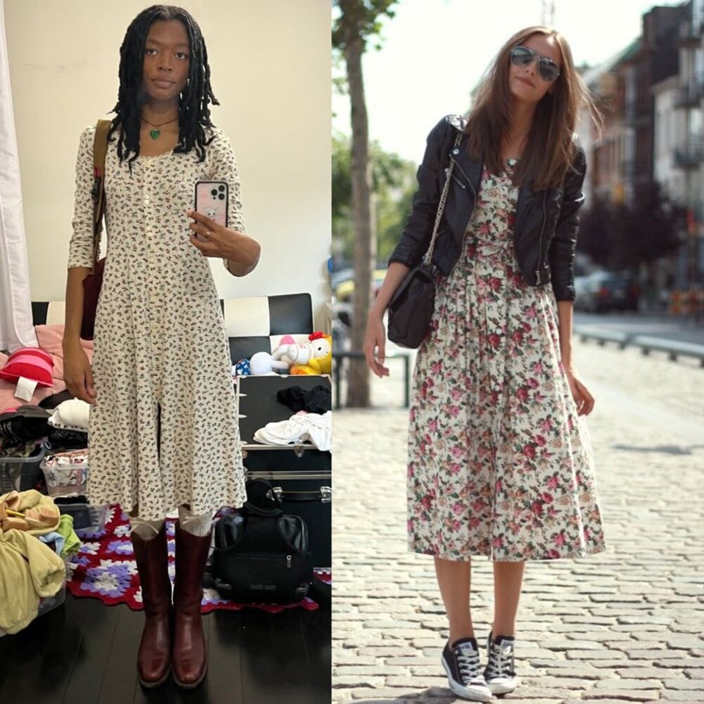 Vintage 90s cream floral rose grunge button up midi fit and flare dress medium - Picture 5 of 6